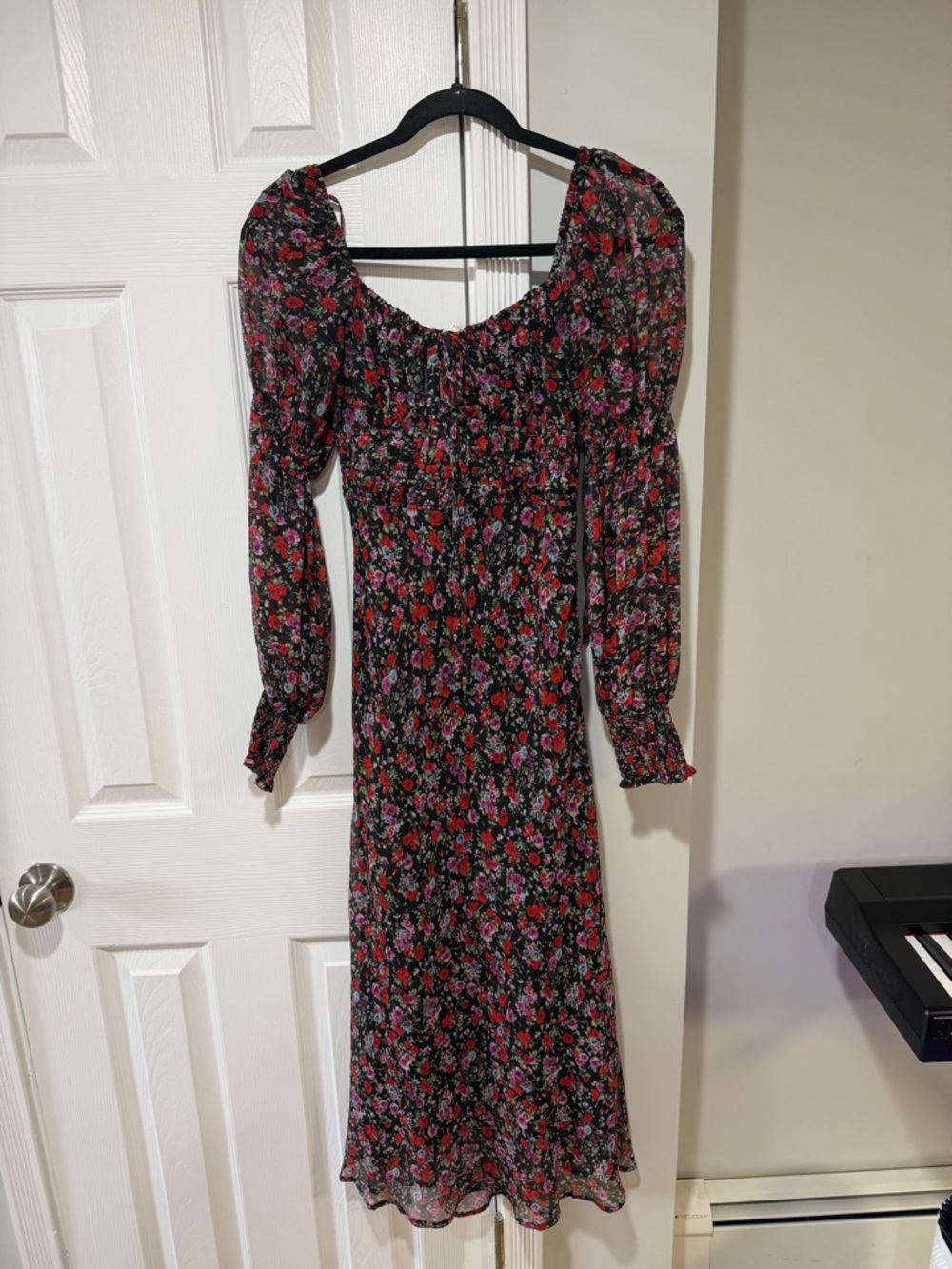 Floral Black Long-Sleeve Smocked Midi Dress